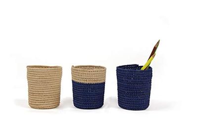 Clairefontaine 115535C - A set of 3 Decorative Pots in Natural Raffia diameter 7 cm x 9.5 cm high - Raffia Collection - Royal Blue Assortment