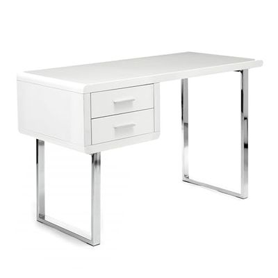 Wink Design Fay Escritorio con 2 cajones, Madera de ingeniería, Blanco Brillante, Cromo, 120 x H71,5 x 55 cm