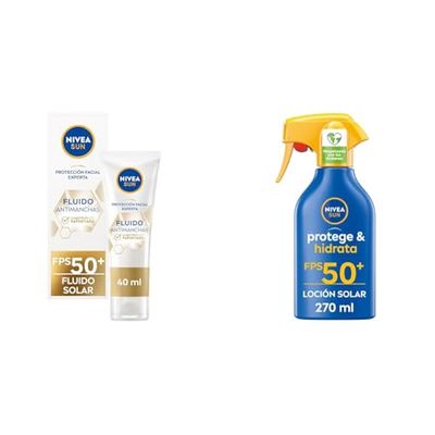 PACK NIVEA SUN Fluido Facial Solar Luminous 630 FP50+ (1 x 40 ml), protección solar, protector antimanchas con ácido hialurónico + NIVEA SUN Protege & Hidrata Spray Solar FP50+ (1 x 270 ml)