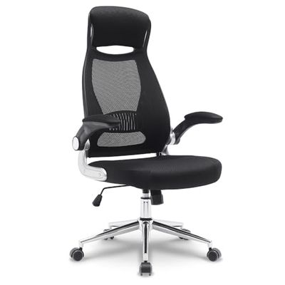 Ergonomiczny fotel biurowy z tkaniny siatkowej, wysokie oparcie z wbudowanym zagłówkiem, podnoszone podłokietniki, podparcie odcinka lędźwiowego, regulacja wysokości, chromowana metalowa stopa