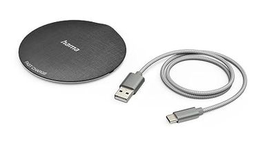 Hama Draadloze oplader, 10 W, QI-FC10, metaal (inductie-oplader, compatibel met iPhone 12/11/11 Pro/XS/XS Max/XR/X/8/8 Plus, Samsung Galaxy S10/S9/S9+/S8/S8+/S6, Universal Qi Charging Pad), zwart