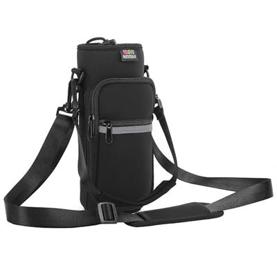 Nuovoware Water Bottle Carrier Bag, 25oz/32oz Bottle Pouch Holder, Adjustable Shoulder Hand Strap 2 Pocket Sling Neoprene Sleeve Sports Accessories for Hiking Travelling - Black