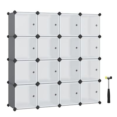 SONGMICS Meuble de Rangement Modulable, 16 Compartiments, Étagère en Plastique, avec Portes, pour Vêtements, Chaussures, Jouets, Livres, Assemblage Facile, Gris LPC443G01