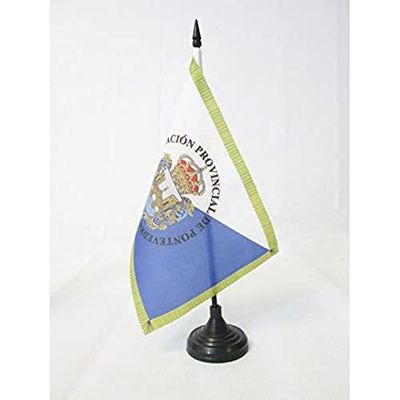 AZ FLAG - Drapeau De Table Province de Pontevedra 21x14 cm - Petit Drapeau De Pontevedra De Bureau 100% Polyester Avec Hampe De 25cm Et Socle En Plastique Noir