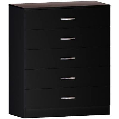 Home Discount Vida Designs confortáveis gavetas baú preto, 5 asas e corredores de metal, suporte único antiarco, móveis de quarto riano, prata, preto, H 90 cm x W 75 cm x D 36 cm