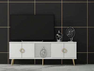 Hanah Home Stylish White TV-stativ, 120 x 30 x 45 cm | 100% melaminbelagd partikelbräda, 18 mm tjock | Hållbara PVC-ben, perfekt för moderna vardagsrum