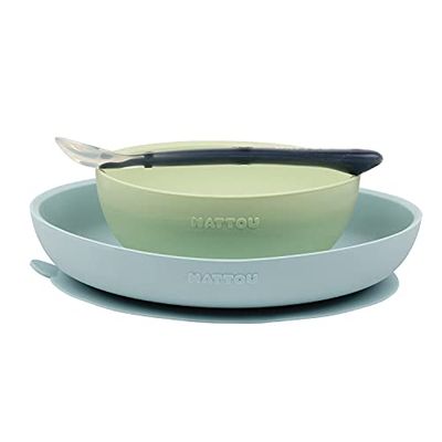 Nattou Set Repas en Silicone pour Enfants, 3 Pièces, 1 Cuillère, 1 Assiette, 1 Bol, Antidérapant, Sans BPA, Silicone, Bleu/Vert