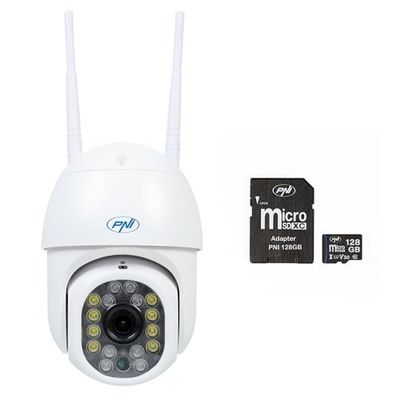 PNI Pacchetto telecamera di videosorveglianza wireless IP440 WiFi, PTZ, 4MP e scheda di memoria MicroSD 128 GB inclusa