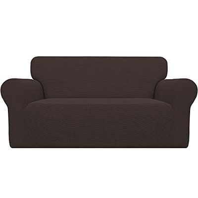 Easy-Going Stretch Sofa Slipcover 1-Piece Sofa Cover Furniture Protector Couch Soft with Elastic Bottom Anti-Slip Foam Kids, Spandex Jacquard Fabric Small Checks(loveseat,Chocolate)