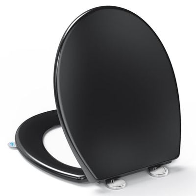 Tavoletta WC Universali O Forma,YEAUPE PRO Sedile WC, Urea-Formaldeide Chiusura Ammortizzata tavoletta wc con Sgancio Rapido a un Pulsante, Nero, 44,6 * 37,2 * 5,2 CM