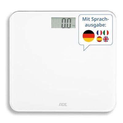 ADE Sprekende personenweegschaal, digitaal Duits, tot 250 kg, personenweegschaal met spraakweergave in 5 talen, zeer groot display, ideaal voor blinden, slechtzienden en senioren