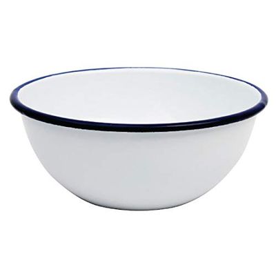 Olympia Bol en acier émaillé, 155 mm (lot de 6), blanc avec bord bleu, passe au lave vaisselle, passe au four, vaisselle de camping, salle à manger rustique, usage professionnel et domestique, GM514