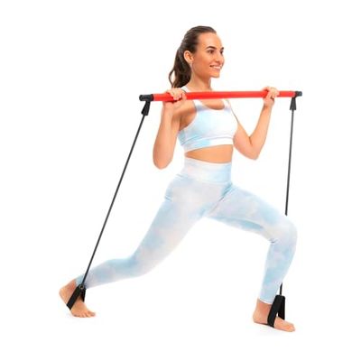 Avilia Komplett träningsverktyg – träningsstång med elastiska band och träningsmanual, för yoga och pilates, järn TPE och EVA, röd och svart, 91 x 30 cm