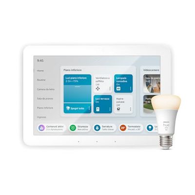 Echo Hub | Pannello di controllo per la Casa Intelligente + Philips Hue White Lampadina LED Smart (E27), compatibile con Alexa - Kit di base per Casa Intelligente
