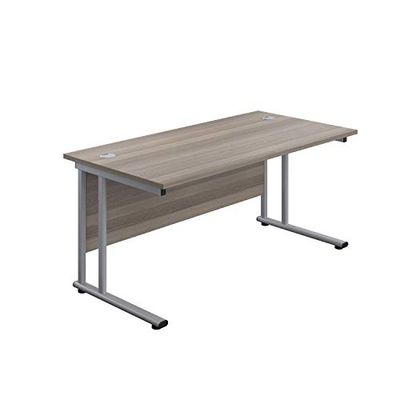 Office Hippo Heavy Duty Rectangular Cantilever Office Desk, Home Office Desk, Office Table, Integrated Cable Ports, PC Desk For Office or Home, 5 Yr Wty - Silver Frame/Grey Oak Top, 140cm x 80cm