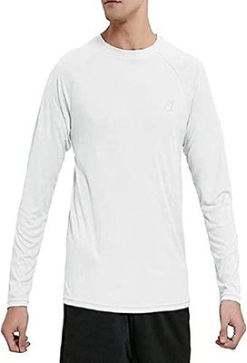MeetHoo Rashguard Långärmad herr UPF 50+ lös stretch UV-skydd långärmad badskjorta för surfing simning dykning strand, Vitt och blått, XXL