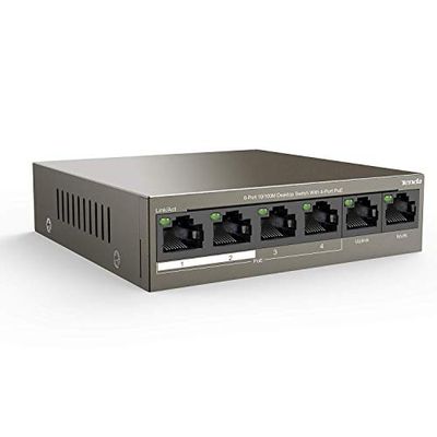 TEG1106P-4-63W - 6-poorts 10/100 Mbit/s desktopswitch met 4x PoE-poorten (63 Watt tot 30 watt per poort, dual-uplink-poort, QoS, 6 kV, 250 bereik, passieve koeling)