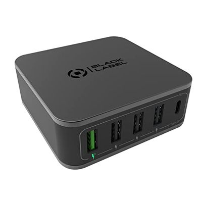 Celly, Power Station Linea Black Label, Power Bank con 4 porte USB e 1 porta USB-C, Tecnologia Power Delivery e Qualcomm QC30, Carica Simultanea Fino a 5 Dispositivi, Caricabatterie da Scrivania