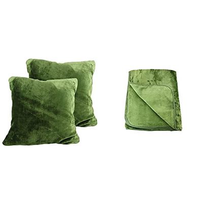 Amago, Coperta, 130 x 170 cm, 2 Copricuscini, 50 x 50 cm, Effetto Cashmere, Verde Scuro