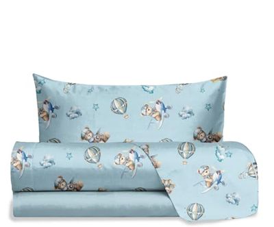 hermet Jolly, Set Lenzuola Letto Singolo Teddy Bear Azzurro, 100% Cotone, Lenzuolo Sopra + Lenzuolo con Angoli + Federa, Completo Letto Orsetto Cameretta