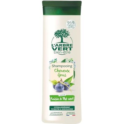 L'Arbre Vert Bien-être Shampooing Cheveux Gras Parfum Raisin et Thé Vert- Hypoallergénique - pH Neutre et Sans Silicone - 95% d'ingrédients d'origine naturelle - 250mL