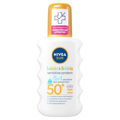 NIVEA SUN Kids Protect & Sensitive Spray (200ml) Sunscreen Spray with SPF 50+, Kids Suncream for Sensitive Skin, Immediately Protects Against Sun Exposure (Pack of 3)