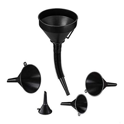 Relaxdays 10032592 Funnel Set, 5 Sizes, Universal Funnel with Hose and Strainer, Oil Funnel and Kitchen Funnel, Black