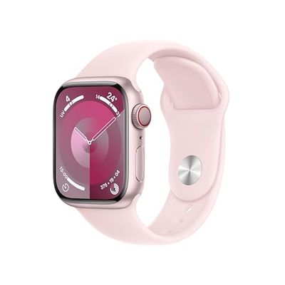 Apple Watch Series 9 (41 mm GPS + Cellular) Smartwatch avec boîtier aluminium rose et Bracelet Sport rose pâle (S/M). Suivi de l’activité physique, apps Oxygène sanguin et ECG, résistance à l’eau