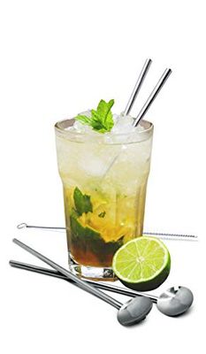 Vin Bouquet FIK 639 Set de pinceaux et 4 pailles cuillères réutilisables Idéal pour cocktails, smoothies, jus, acier inoxydable 18/8, 2