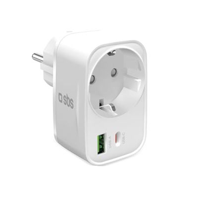 SBS Alimentatore Multi-Socket 20W USB-C USB-A, Presa Schuko Passante, Power Delivery (PD) 20W, Ricarica Rapida, Caricatore USBC e USBA, Caricabatterie per iPhone, Samsung e Tablet, Bianco
