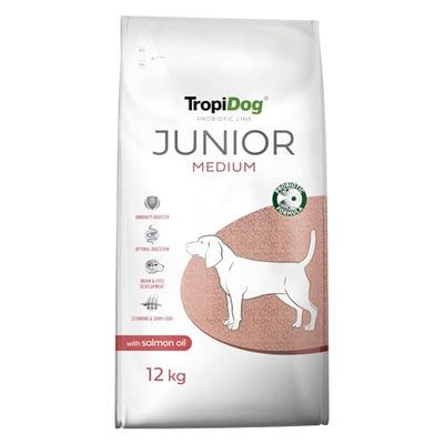 Cibo secco per cuccioli di taglia media (2-12 mesi) con probiotici, olio di salmone e omega-3 per immunità e sviluppo - TropiDog Probiotic Line Junior Medium 12kg