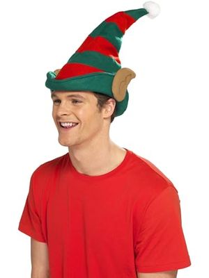 Smiffys Elf Hat, Red & Green with Ears, Christmas Fancy Dress Accessory, Elf Dress Up Hats
