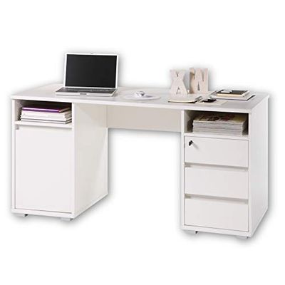 Stella Trading Primus 2 Mesa de secretária com gavetas, branco - mesa computador para escritório com espaço de armazenamento e prateleiras abertas - 145 x 74 x 65 cm