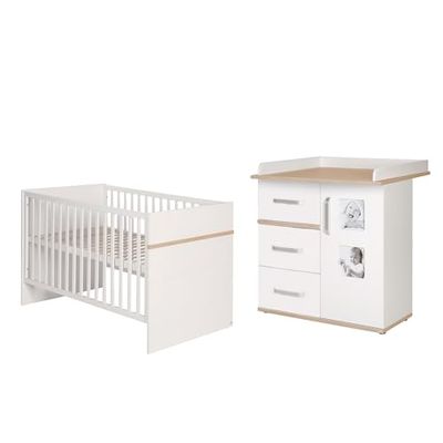 roba Chambre Bébé Duo Pia - Lit Évolutif 70 x 140 cm + Commode à Langer avec 2 Cadres Photos Intégrés - Blanc / Chêne San Remo