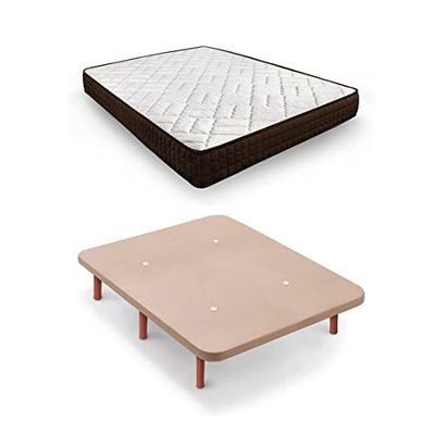 HOGAR24 ES | Base Tapizada Tejido 3D + Colchón Dream Flex 13 | Color Beige | Incluye Juego de Patas de Madera Color Cerezo | Medida: 150x200 cm