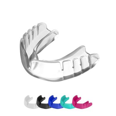 OPRO Paradenti sportivo Snap-Fit Instant Level per adulti e ragazzi, protezione gengive per hockey, lacrosse, rugby, arti marziali miste, boxe e altri sport combattimento (Trasparente, ragazzi)