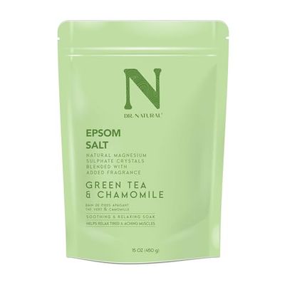 Dr. Natural Epsom Salt - Bath Salts for Stress Relief - Relaxing, Softening Epsom Salt Bath Soak - Magnesium Boost - Green Tea and Chamomile - 450 g