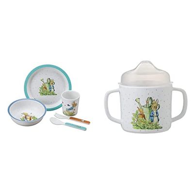 Petit Jour Paris Coffret vaisselle 5 pièces Pierre Lapin bleu Favorise l'autonomie BP701BP, Multicolore & Paris Tasse Deux Anses avec Bec Amovible Pierre Lapin Antidérapante! Multicolore, 1 Pièce