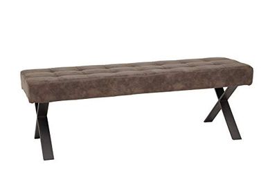 Hela Tische, Banco de sala de jantar com estofamento Softex de aspeto vintage castanho, pernas metálicas em X cor antracite, 140 x 45 x 48 cm