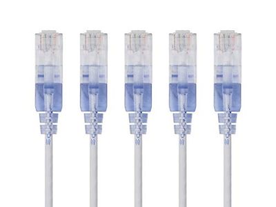 Monoprice Cabo de conexão Ethernet Cat6A, RJ45 sem enganchos, 550 MHz, 10G, UTP, fio de cobre puro nu, 30 AWG, embalagem de 5, 2 pés, branco, série SlimRun