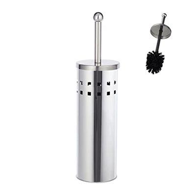 Relaxdays Brosse WC Ronde, Porte-Brosse, Brosse WC échangeable, Autonome, en Acier Inoxydable, argenté/Noir