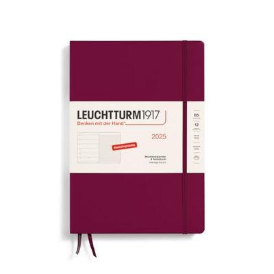 LEUCHTTURM1917 370479 Agenda semanal y cuaderno 2025, composición B5, tapa dura, planificador de 12 meses, 80 g, a rayas, Port Red