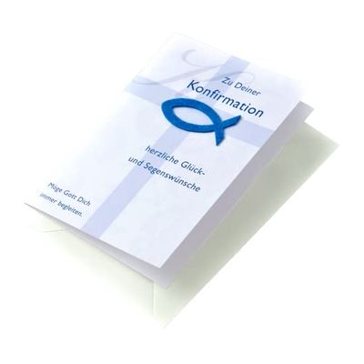 Perleberg Confirmation Card - Basic Classic Collection - Confirmation Card with Fish Appliqué and Cross - Confirmation Card with Matching Envelope in 11.6 x 16.6 cm