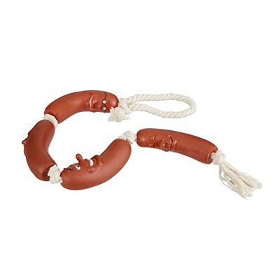 relaxdays Jouet pour Chiens Saucisse, Petit & Grand canin, Robuste, sans couinement, Objet à mâcher, 65 cm, Rouge-Blanc