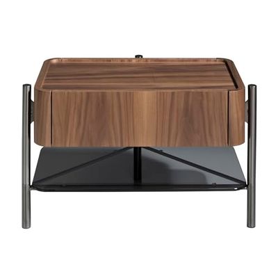 Mesita noche de madera chapada en nogal con un cajón para almacenaje. Estructura de patas en acero inoxidable oscurecido con una balda en cristal templado tintado en color negro.
