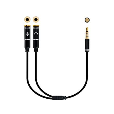 Blendend Cable adaptador de audio 3.5 mm con conector macho de 4 contactos y 2 conectores hembra de 3 contactos, ideal para conexiones de auriculares.