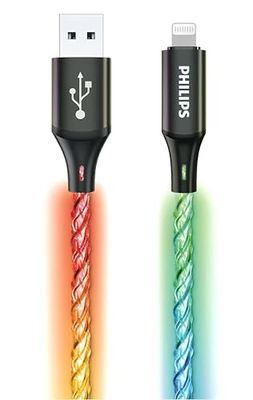 Philips DLC5130V Cavo di ricarica per iPhone RGB 1M, cavo Lightning di ricarica rapida da 18 W, sincronizzazione 480 Mbps, cavo intrecciato anti-groviglio per iPhone, iPad, compatibile con MFi