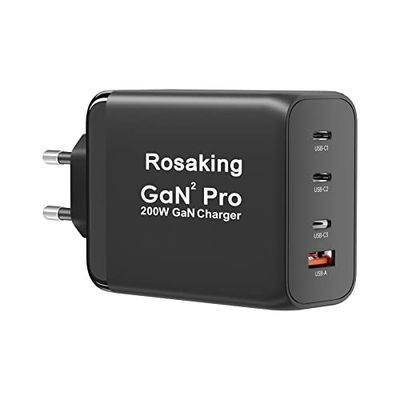 Rosaking Chargeur USB C 200W, Chargeur Rapide GaN III Tech, Chargeur Rapide USB C 4 Ports pour MacBook Air, Chargeur Compatible avec Samsung Galaxy Book