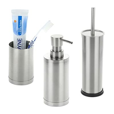 Relaxdays Set da Bagno da 3 Accessori, Acciaio Inox, Bicchiere Portaspazzolino, Dispenser Sapone, Scopino WC, Argentato, 17 x 8,5 x 7 cm