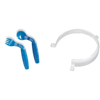 EasiEaters Children's Curved Fork and Spoon Set, Right Handed Children's Cutlery, Colour of Set May Vary & Homecraft Surrounded Incurved Dish and Plate Guard, Non Slip Eating Aid for Elderly